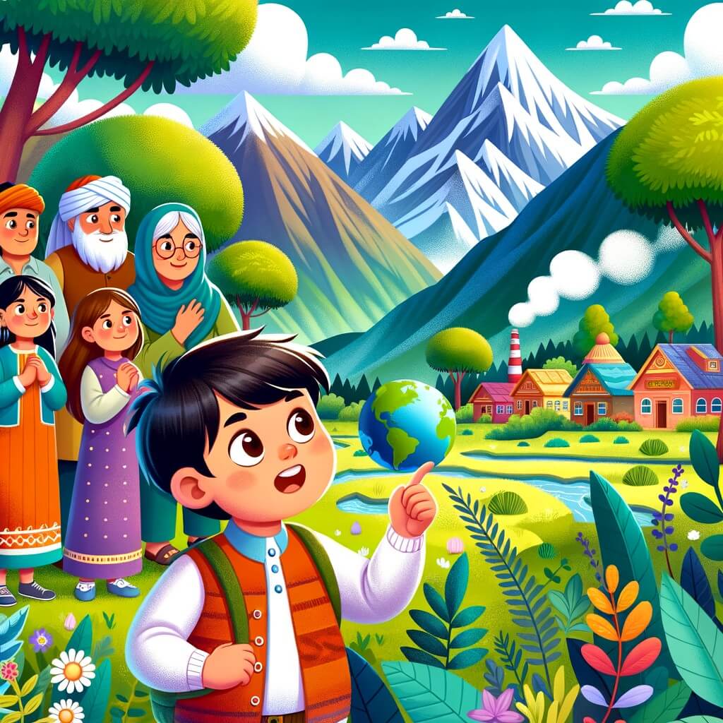 Une illustration destinée aux enfants représentant un petit garçon curieux et énergique, découvrant les effets du changement climatique avec l'aide de sa famille, dans un village verdoyant entouré de montagnes majestueuses et d'arbres colorés.