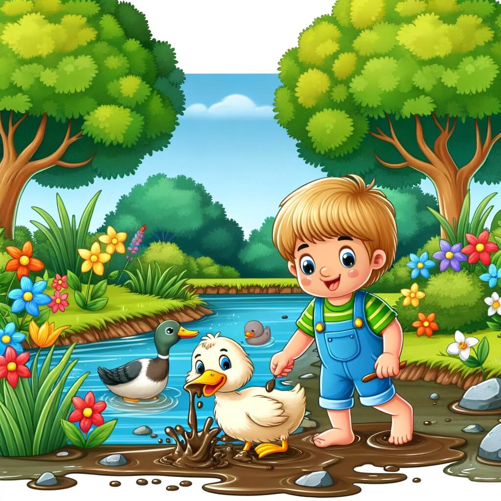Une illustration destinée aux enfants représentant un petit garçon curieux et plein de vie, accompagné d'un canard joyeux, explorant une mare aux eaux boueuses et polluées, entourée de magnifiques arbres verts et de fleurs colorées.