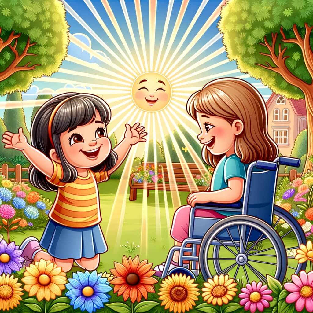 Une illustration pour enfants représentant une petite fille qui aime courir malgré son handicap, dans une école organisant une course de relais.