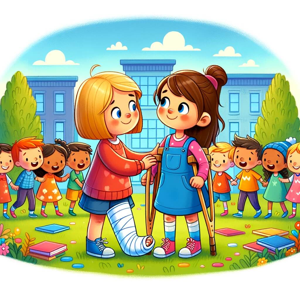 Une illustration destinée aux enfants représentant une petite fille pleine de courage, avec une jambe en attelle, qui se fait une nouvelle amie lors de sa première journée d'école dans une cour de récréation colorée entourée de joyeux enfants.