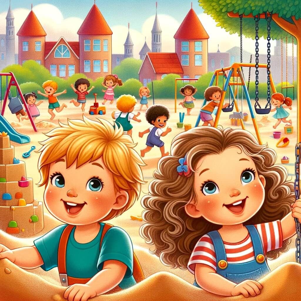 Une illustration pour enfants représentant un petit garçon joyeux, faisant face à un nouveau défi dans une école maternelle, entouré d'amis bienveillants.