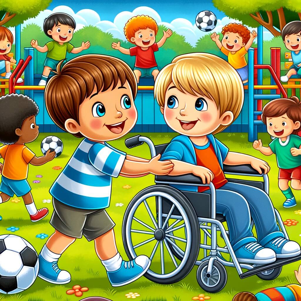 Une illustration destinée aux enfants représentant un petit garçon plein de vie, découvrant l'amitié avec un garçon en fauteuil roulant, dans une cour de récréation colorée avec des enfants qui jouent joyeusement au football.
