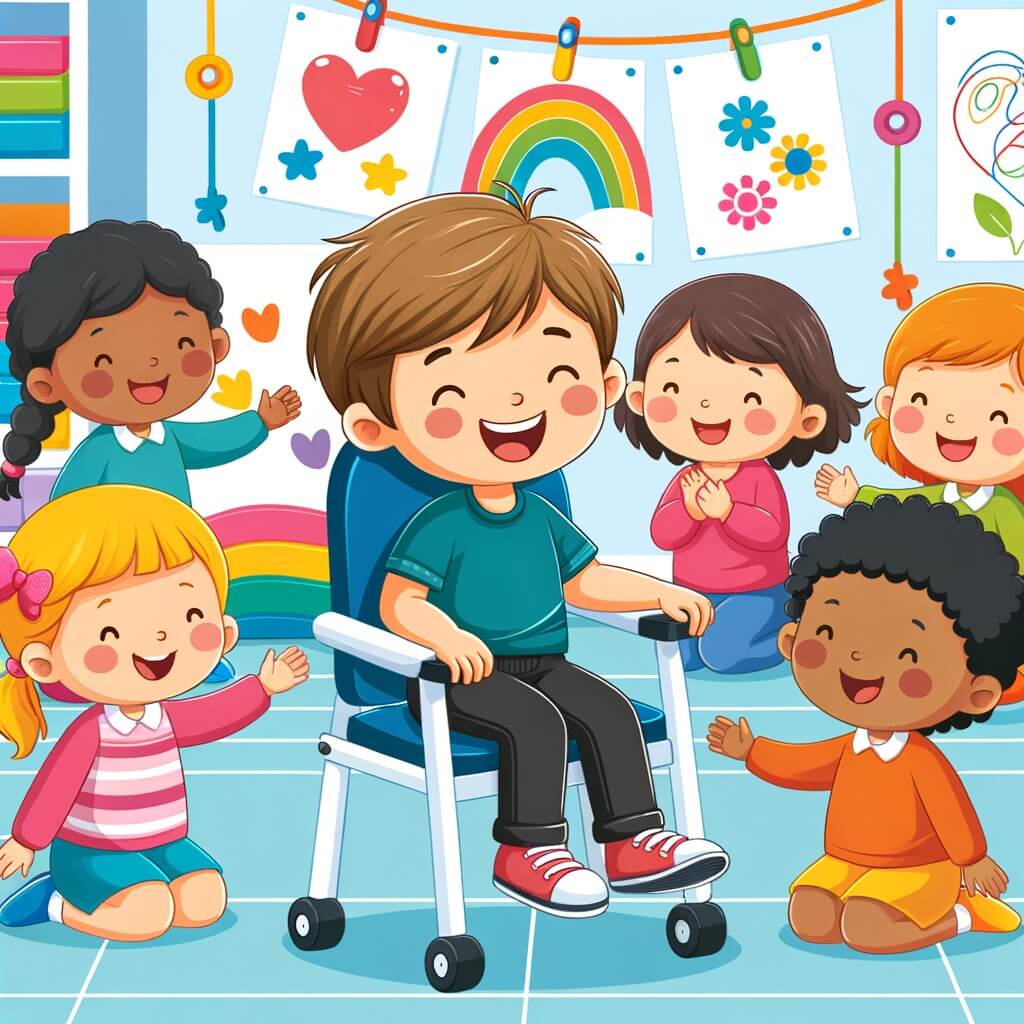 Une illustration destinée aux enfants représentant un petit garçon plein de joie, assis sur une chaise spéciale, entouré de ses amis bienveillants, dans une classe lumineuse et colorée remplie de jouets et de dessins accrochés aux murs.