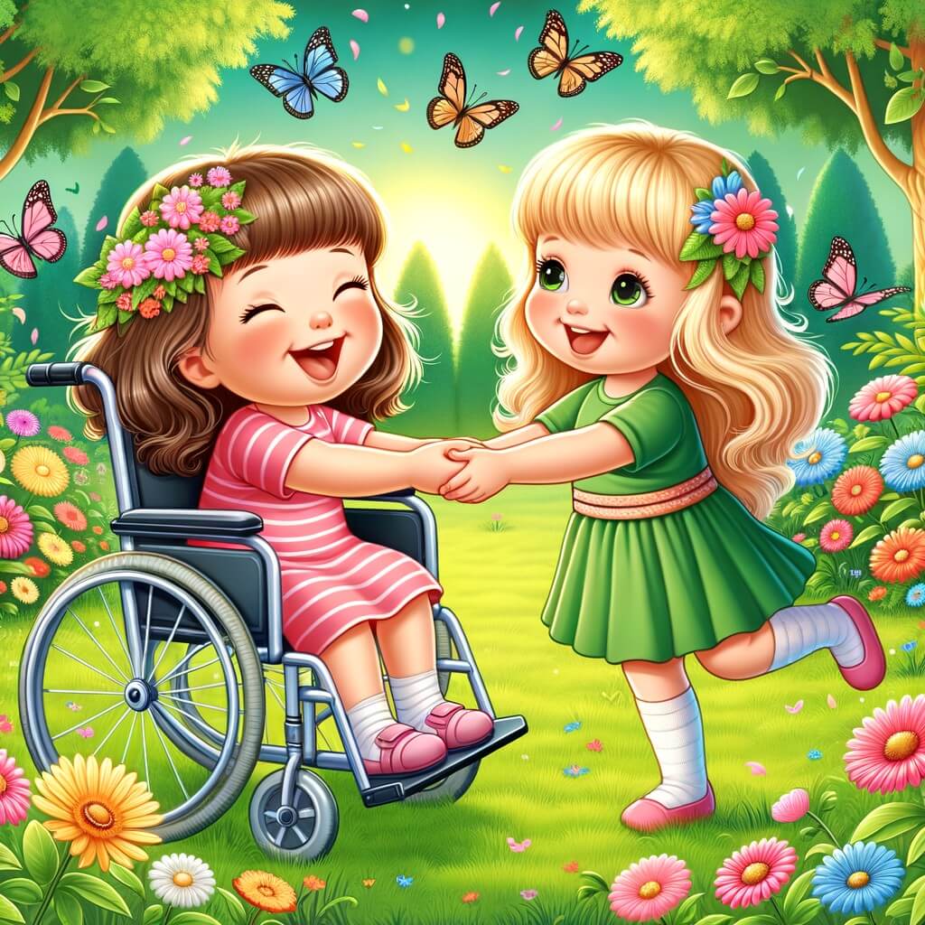 Une illustration destinée aux enfants représentant une petite fille pleine de joie, en fauteuil roulant, qui se lie d'amitié avec une autre petite fille dans un parc verdoyant où les fleurs colorées et les papillons virevoltent joyeusement.