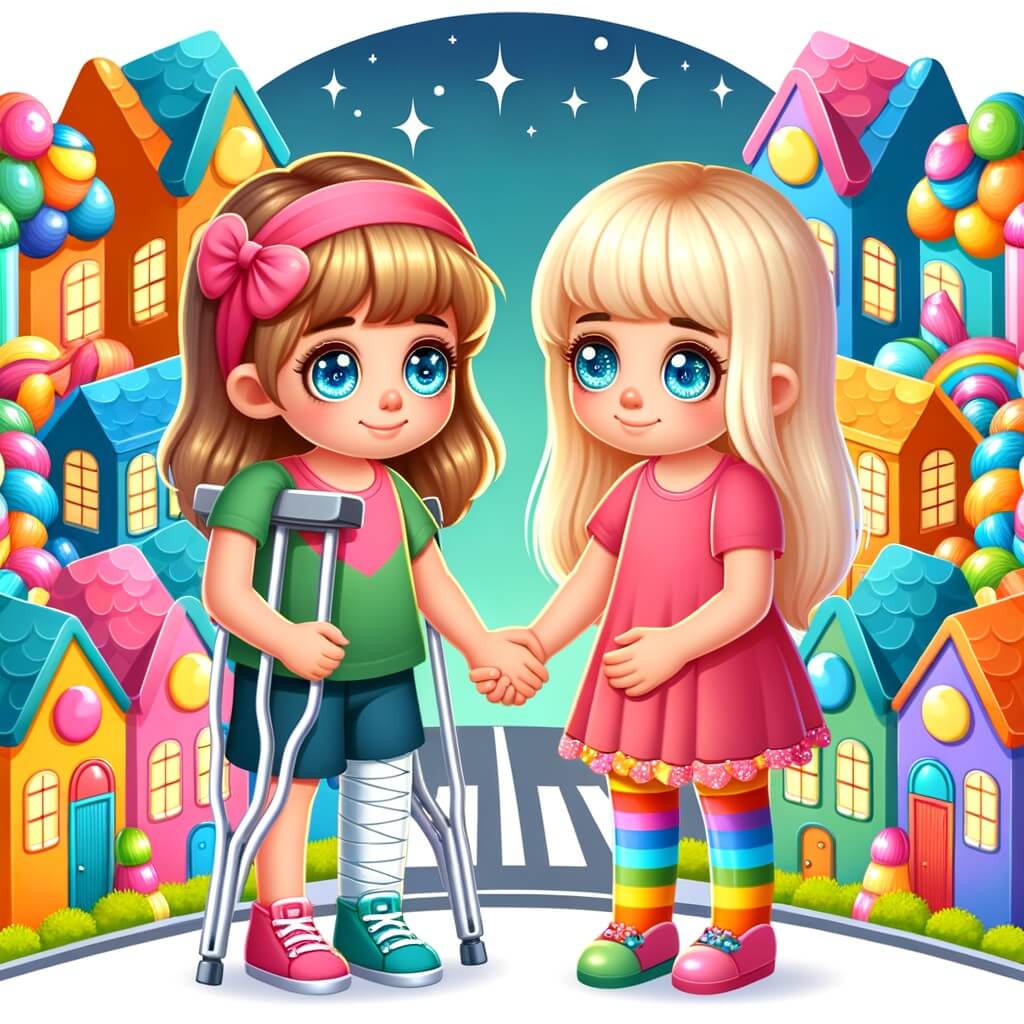 Une illustration destinée aux enfants représentant une petite fille pleine de vie, marchant avec des béquilles, qui se lie d'amitié avec une autre petite fille blonde aux yeux pétillants, dans une nouvelle ville colorée remplie de maisons aux toits en forme de bonbons et de rues pavées de bonbons multicolores.