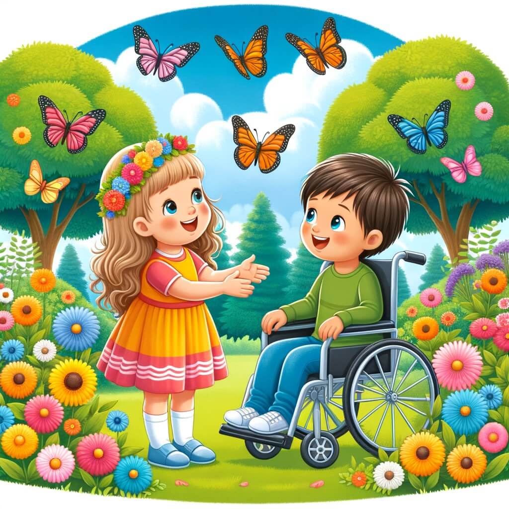 Une illustration destinée aux enfants représentant une petite fille joyeuse, une rencontre inattendue avec un garçon en fauteuil roulant, dans un parc coloré rempli de fleurs et de papillons.