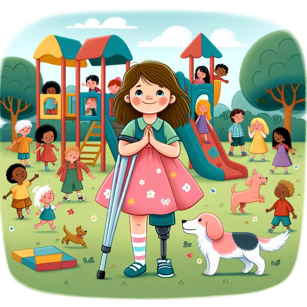 Une illustration destinée aux enfants représentant une petite fille pleine de courage et de détermination, née avec une jambe différente, qui surmonte les obstacles pour prouver au monde entier qu'elle peut réaliser ses rêves, dans une cour de récréation colorée, remplie d'enfants curieux et d'un ami loyal à ses côtés.