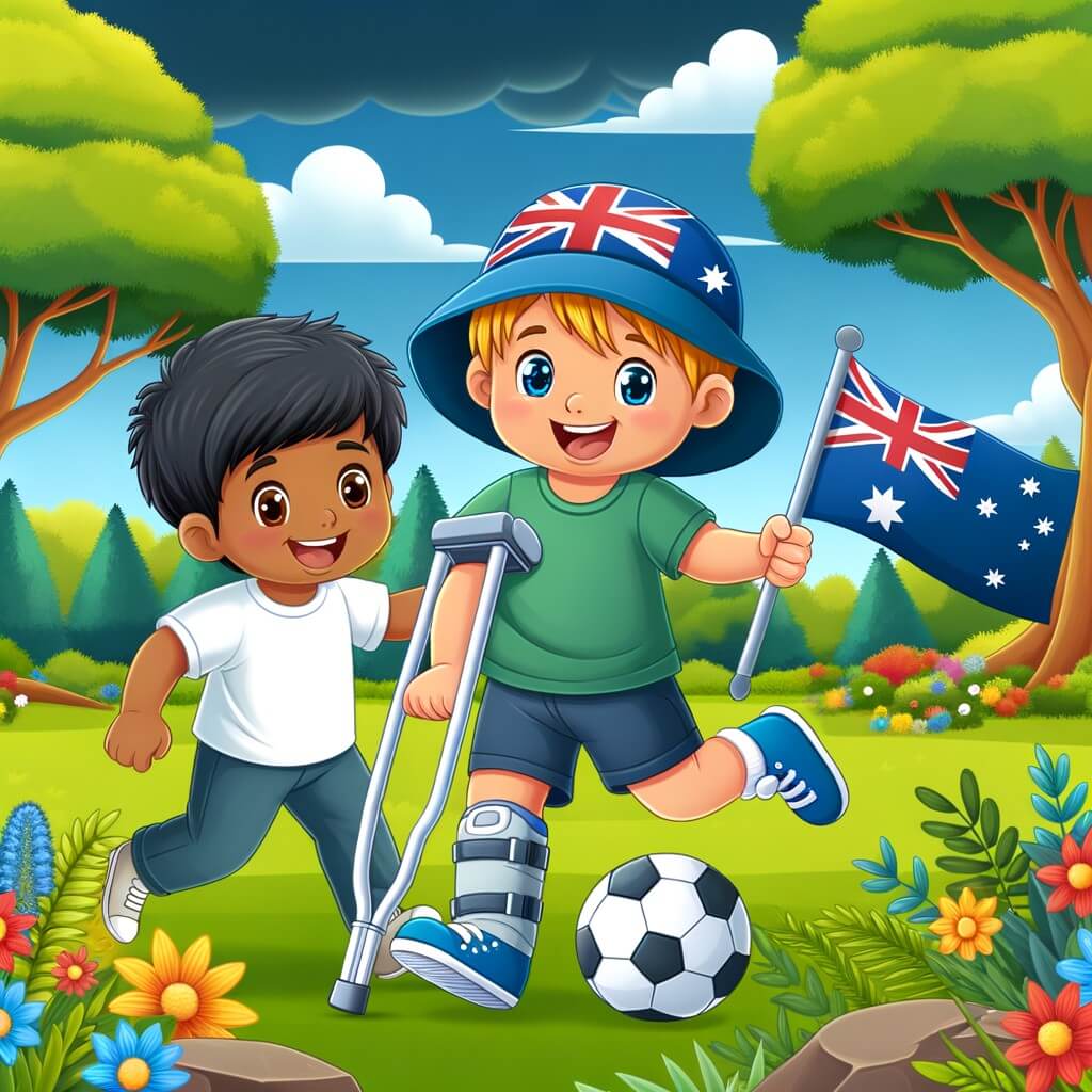 Une illustration destinée aux enfants représentant un petit garçon souriant, marchant avec des béquilles, accompagné d'un nouvel ami, jouant au football dans un magnifique parc verdoyant entouré d'arbres majestueux et de fleurs colorées.