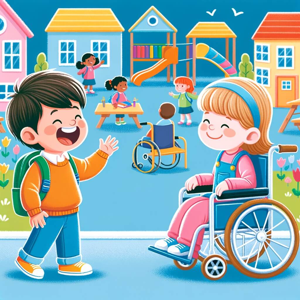 Une illustration destinée aux enfants représentant un petit garçon enthousiaste qui découvre une école colorée et lumineuse, où il fait la rencontre d'une petite fille en fauteuil roulant, dans une cour de récréation remplie de jeux inclusifs et joyeux.