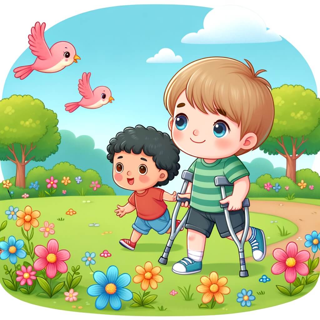 Une illustration destinée aux enfants représentant un petit garçon curieux et joyeux, accompagné d'un enfant aux jambes fragiles, se rencontrant dans un parc parsemé de fleurs colorées et d'oiseaux virevoltants.