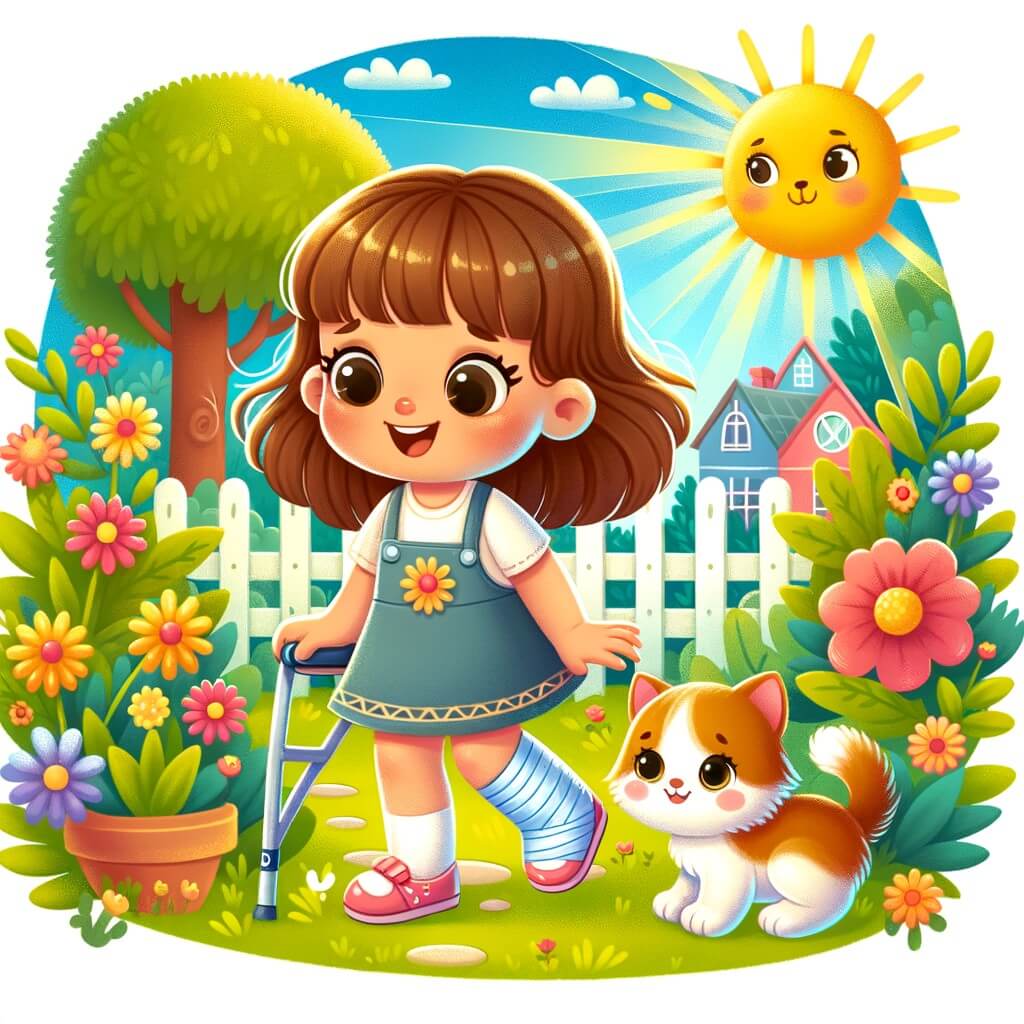 Une illustration destinée aux enfants représentant une petite fille pleine de vie, qui fait face à un défi suite à une blessure, accompagnée d'un adorable chaton, dans un jardin coloré et ensoleillé.