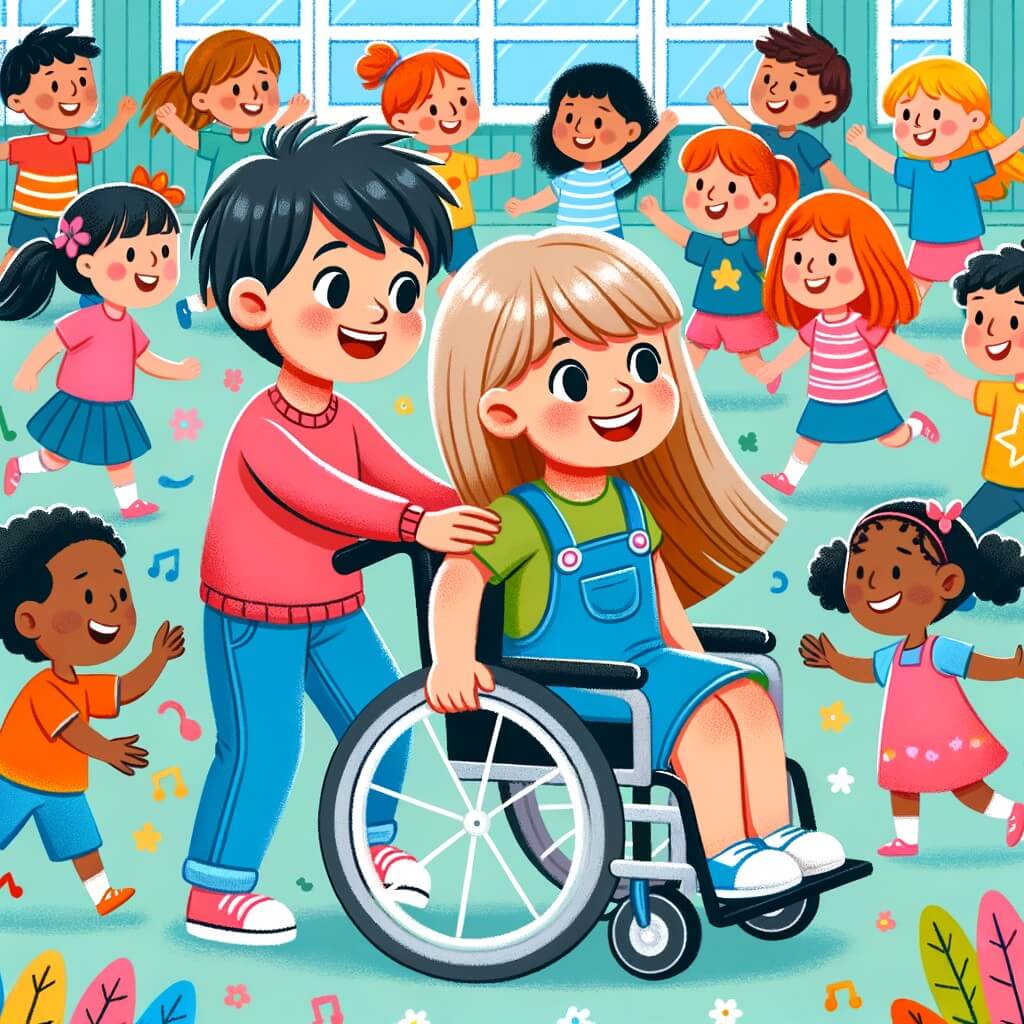 Une illustration destinée aux enfants représentant une petite fille pleine de vie, qui surmonte les défis du handicap avec l'aide de son ami, dans une école colorée entourée de joyeux enfants qui jouent et apprennent ensemble.