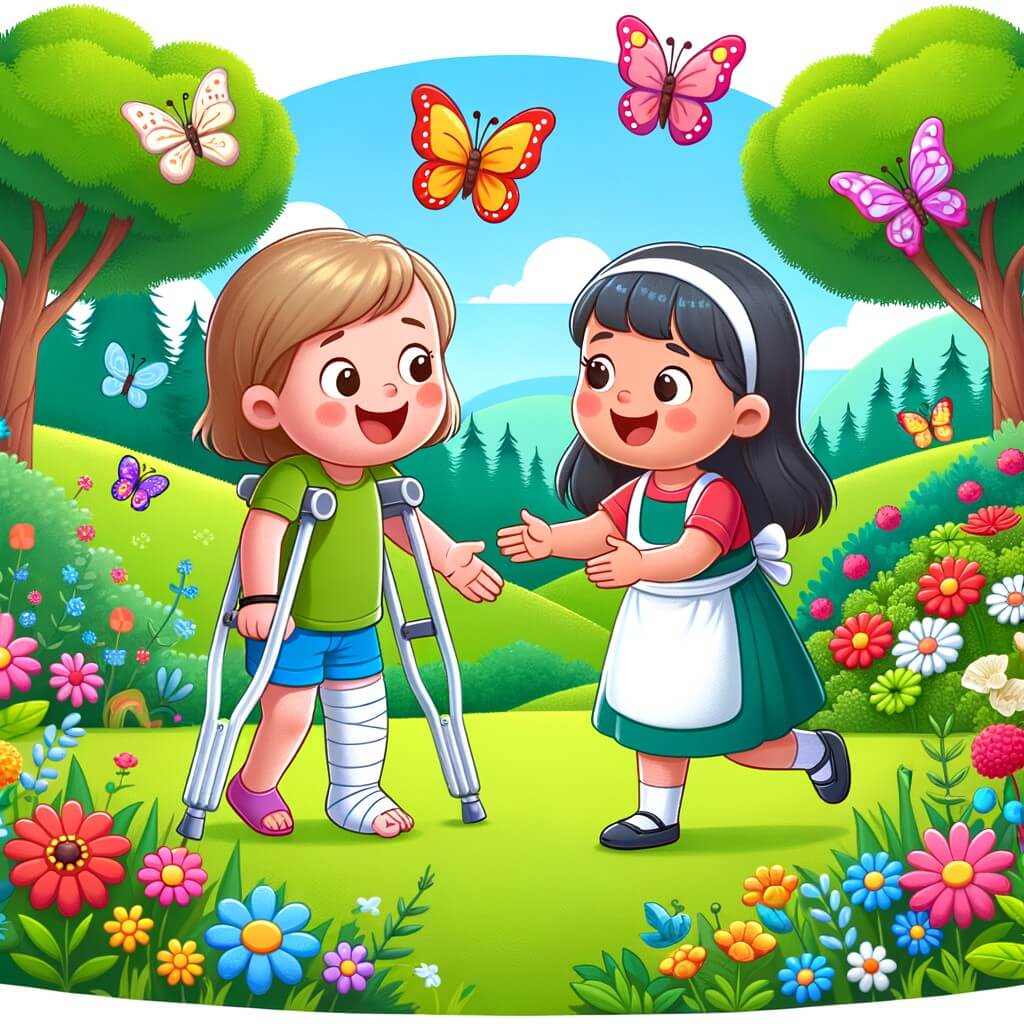 Une illustration pour enfants représentant une petite fille joyeuse et curieuse, qui doit surmonter les obstacles liés à son handicap, dans un parc enchanté où l'amitié et l'aventure prennent vie.