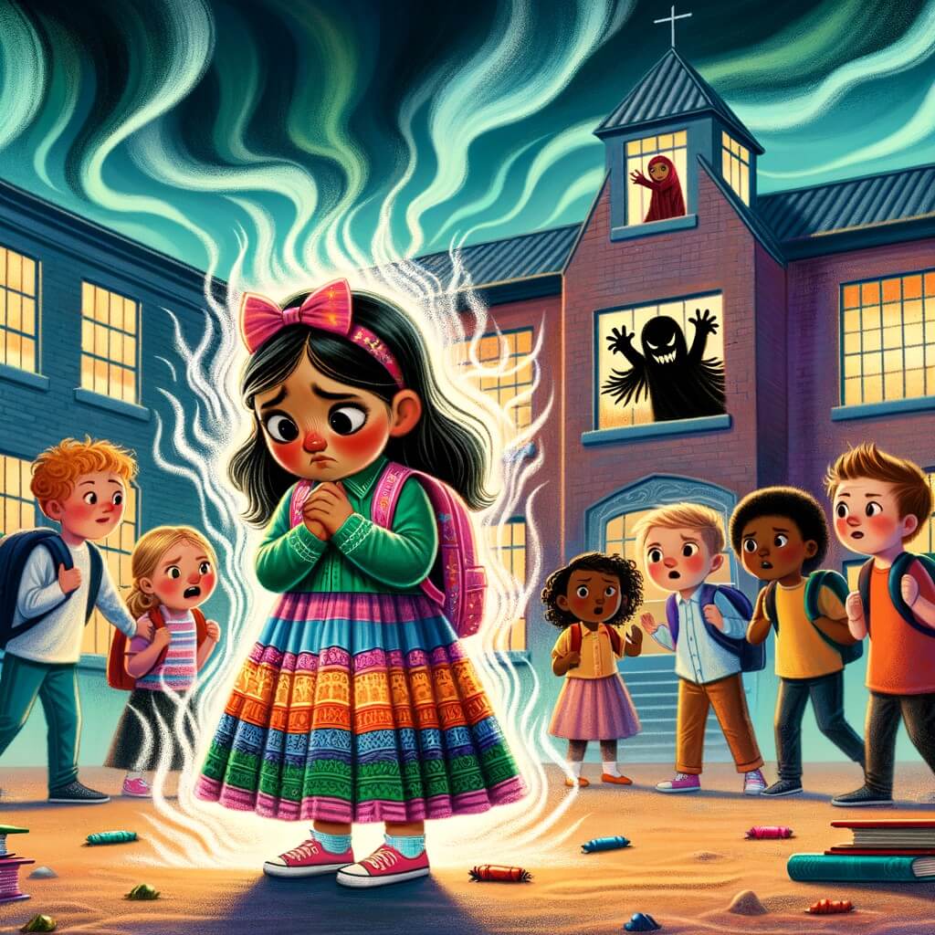 Une illustration pour enfants représentant une petite fille confrontée au harcèlement dans une nouvelle école.