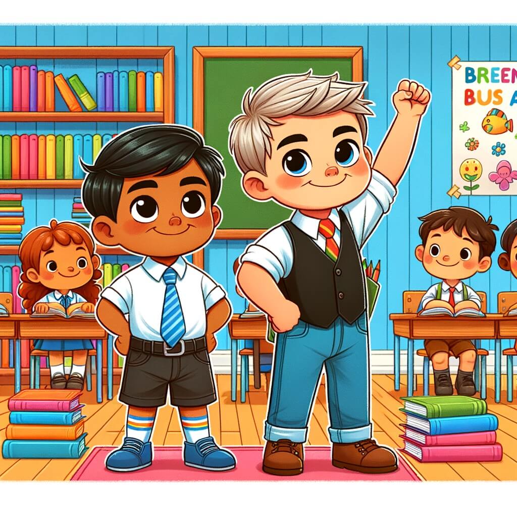 Une illustration destinée aux enfants représentant un petit garçon courageux qui fait face à des moqueries à l'école, soutenu par un nouvel ami, dans une salle de classe colorée remplie de livres et de dessins joyeux.