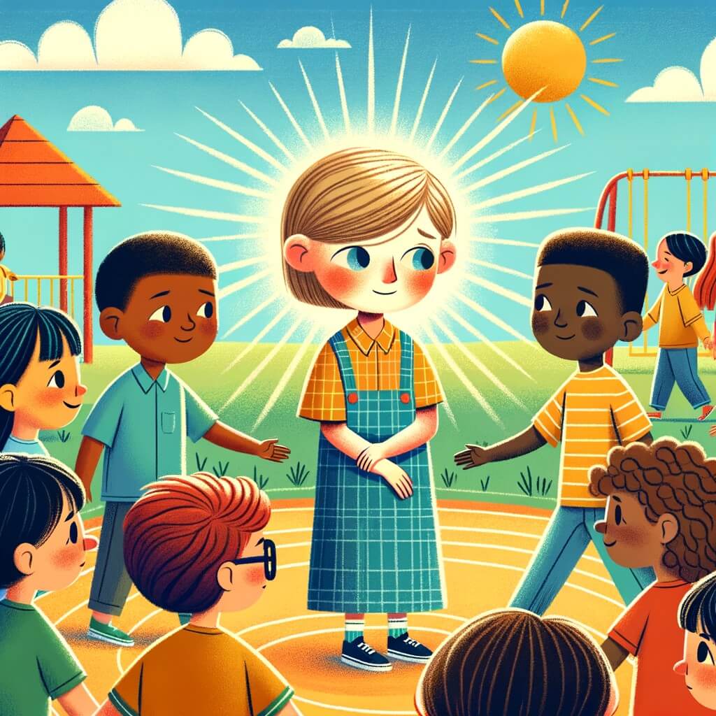 Une illustration destinée aux enfants représentant une petite fille, entourée de camarades, confrontée au harcèlement à l'école dans une cour de récréation colorée et ensoleillée.