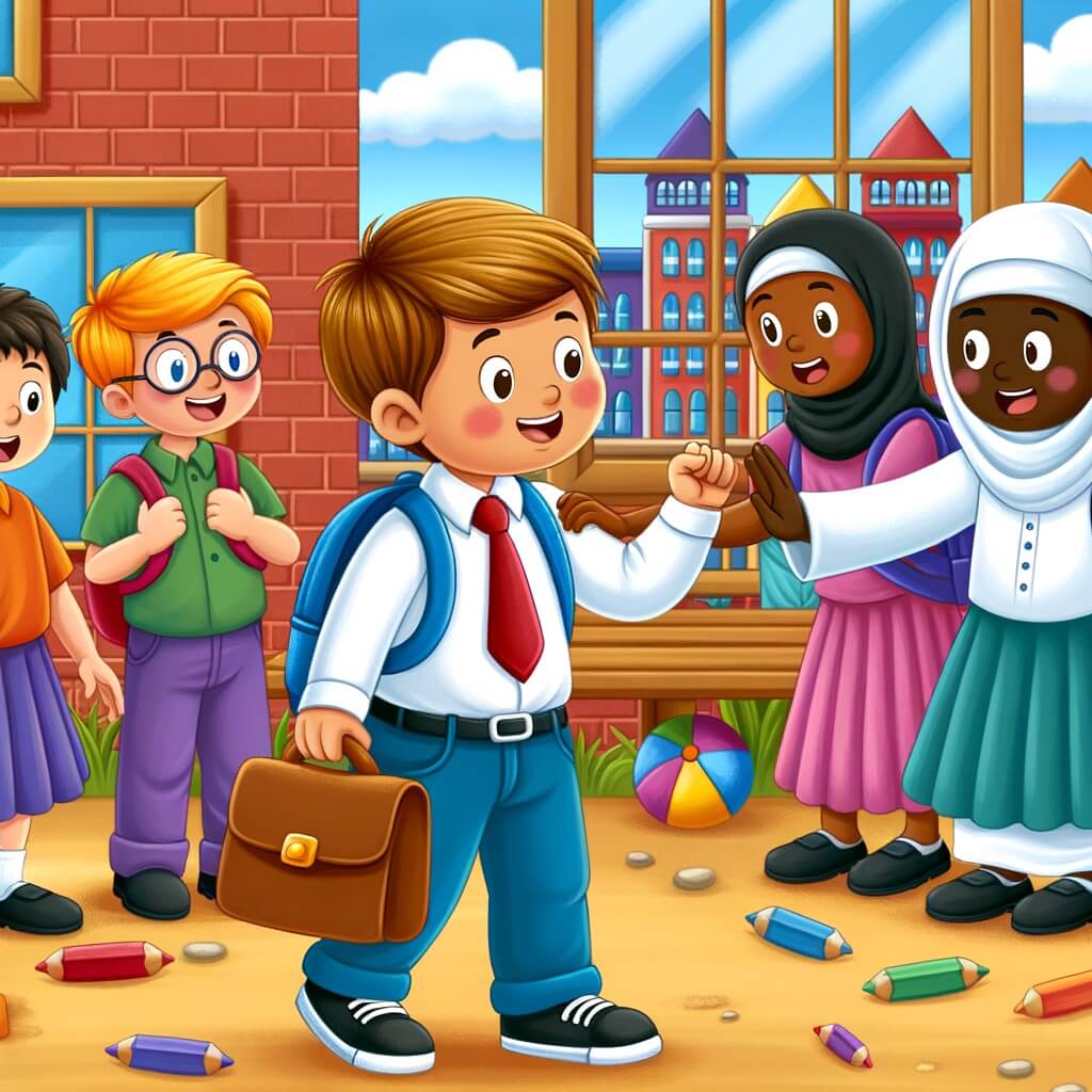 Une illustration pour enfants représentant un petit garçon courageux confrontant le harcèlement dans une école colorée et animée.