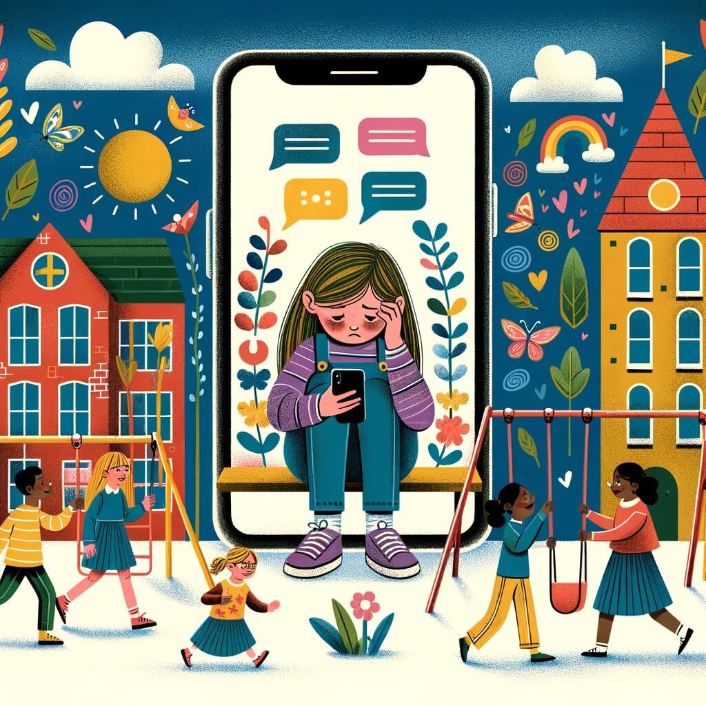 Une illustration destinée aux enfants représentant une petite fille solitaire, confrontée à des messages méchants sur son téléphone portable, trouvant du réconfort auprès de ses amis et des adultes bienveillants, dans une école colorée avec une cour de récréation animée par des balançoires, des toboggans et des rires joyeux.