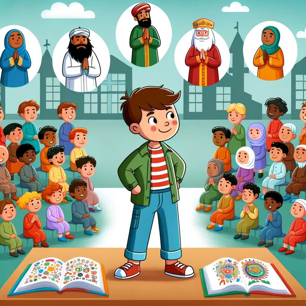 Une illustration destinée aux enfants représentant un petit garçon courageux, confronté à une situation de harcèlement à l'école, accompagné de ses amis bienveillants, dans une école colorée et animée.