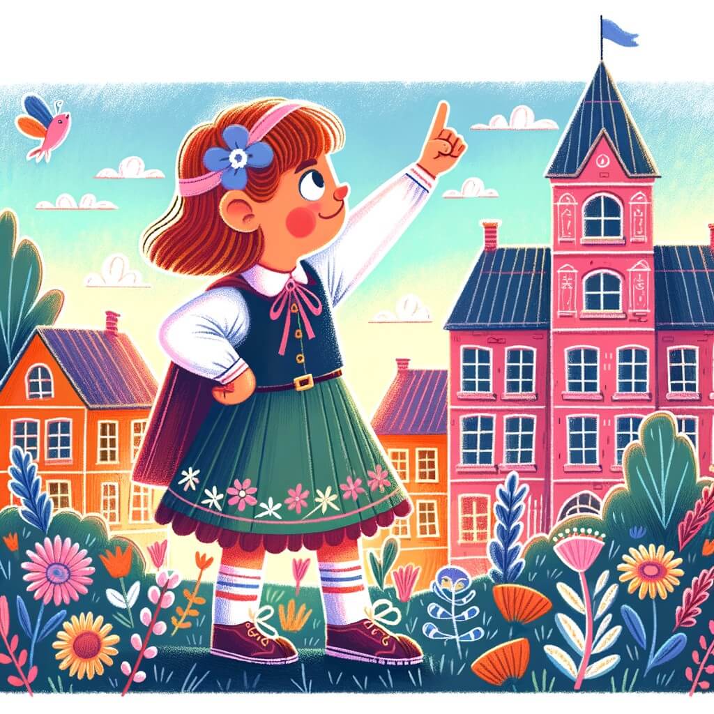 Une illustration destinée aux enfants représentant une petite fille courageuse faisant face à un méchant camarade dans une école colorée et animée.