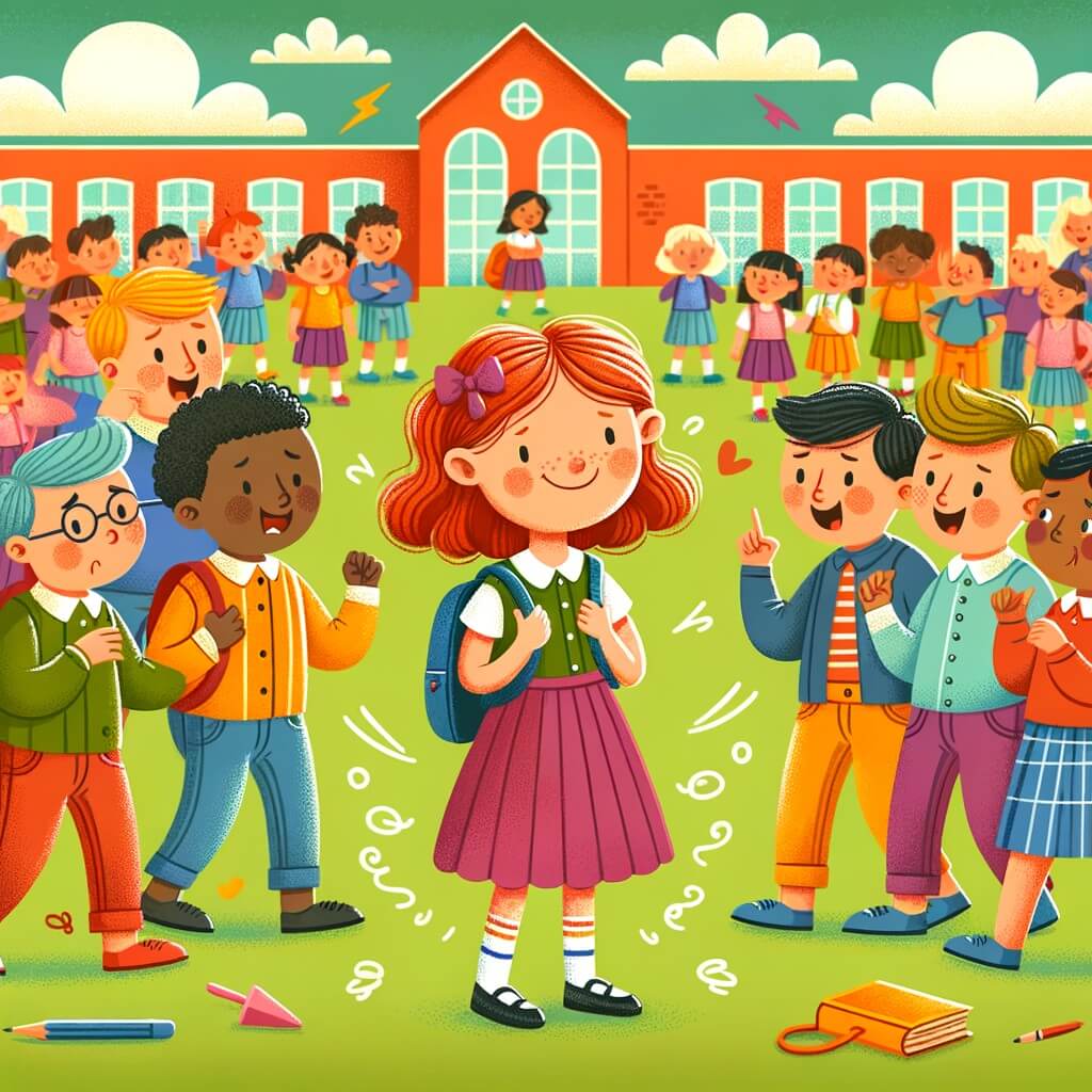 Une illustration destinée aux enfants représentant une petite fille pleine de vie, confrontée au harcèlement par un groupe d'enfants méchants, avec l'aide d'une amie, dans une grande école colorée et animée.