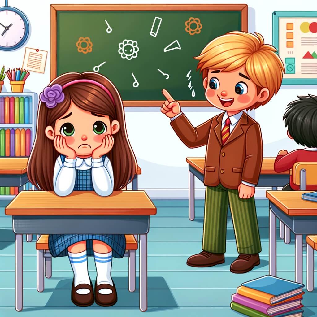 Une illustration pour enfants représentant une petite fille qui fait face au harcèlement à l'école, dans un nouveau lieu qu'elle doit découvrir.