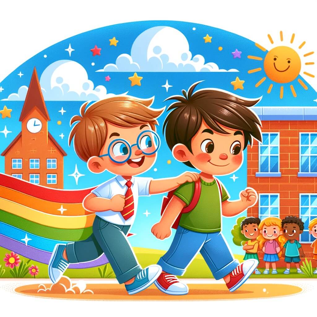 Une illustration destinée aux enfants représentant un petit garçon courageux, confronté au harcèlement, accompagné d'un fidèle ami, dans une école colorée et animée où règne une atmosphère joyeuse.