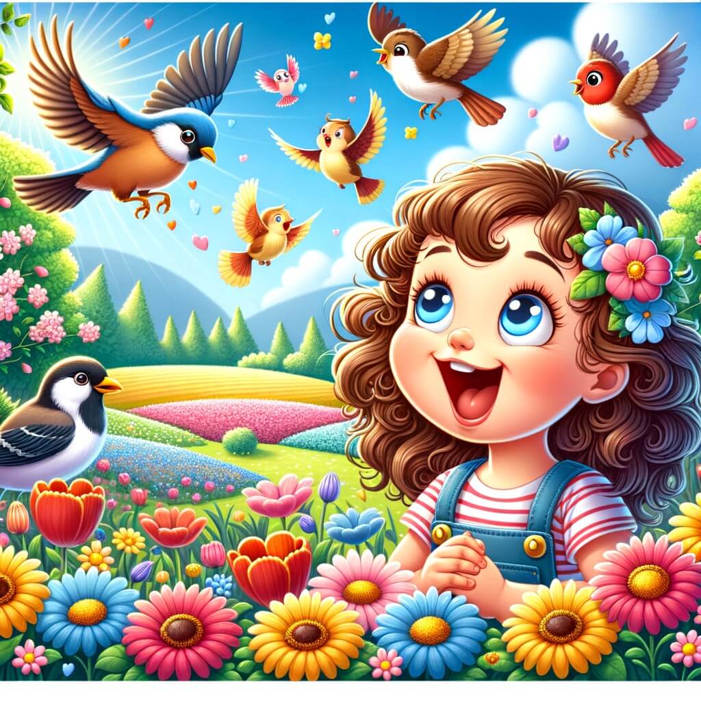 Une illustration destinée aux enfants représentant une petite fille aux cheveux bruns bouclés, émerveillée par les fleurs éclosant et les oiseaux chantant joyeusement dans un magnifique parc bordé de champs colorés.