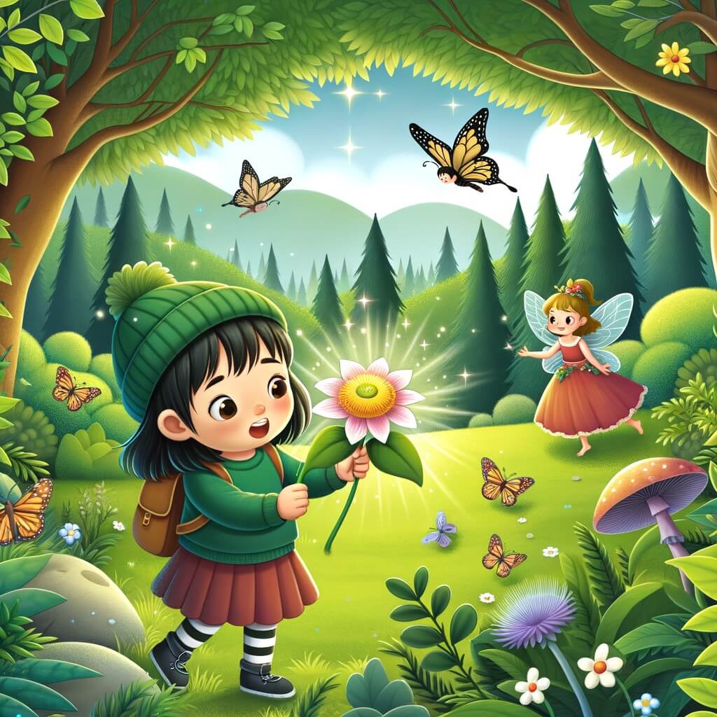Une illustration destinée aux enfants représentant un petit garçon curieux et aventurier, découvrant une fleur enchantée avec l'aide d'une fée, dans un jardin verdoyant au printemps, où les arbres bourgeonnent et les papillons dansent joyeusement.