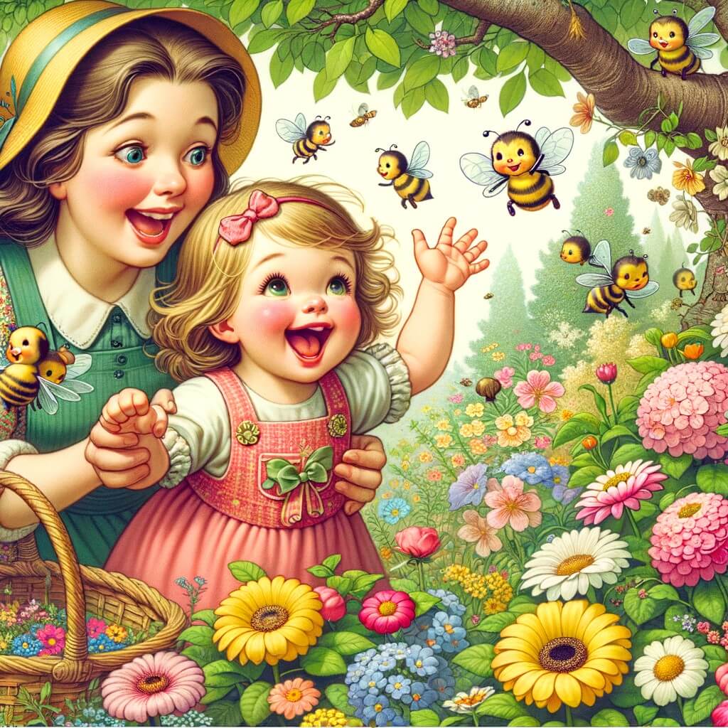 Une illustration destinée aux enfants représentant une petite fille pleine de joie, découvrant les merveilles du printemps avec sa maman, dans un jardin luxuriant rempli de fleurs colorées, d'abeilles butinant et d'oiseaux chantant.