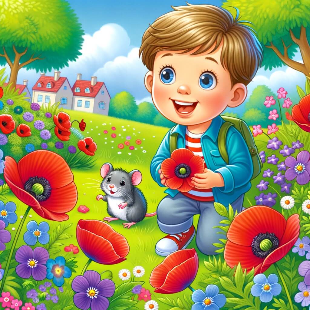 Une illustration destinée aux enfants représentant un jeune garçon joyeux, entouré de fleurs colorées, accompagné d'une petite souris curieuse, dans un parc verdoyant parsemé de coquelicots rouges et de violettes mauves.