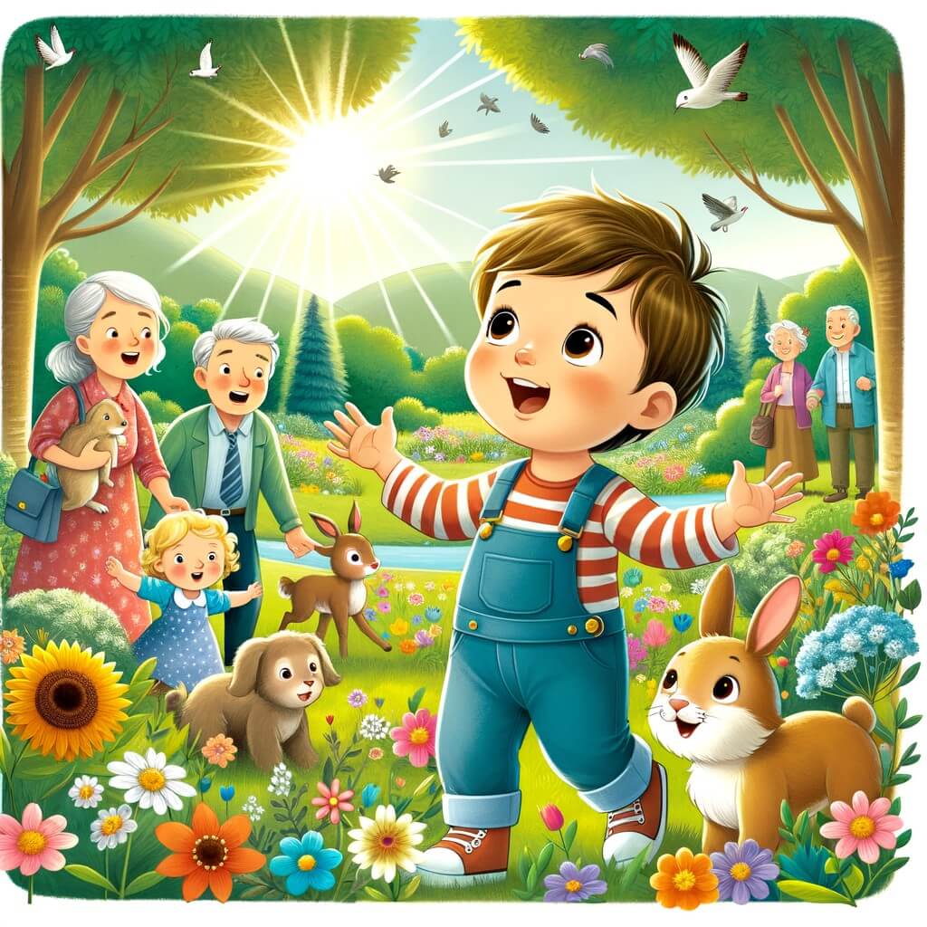 Une illustration destinée aux enfants représentant un petit garçon curieux et enthousiaste, accompagné de sa famille, découvrant la beauté du printemps dans un parc verdoyant rempli de fleurs colorées et d'animaux joyeux.