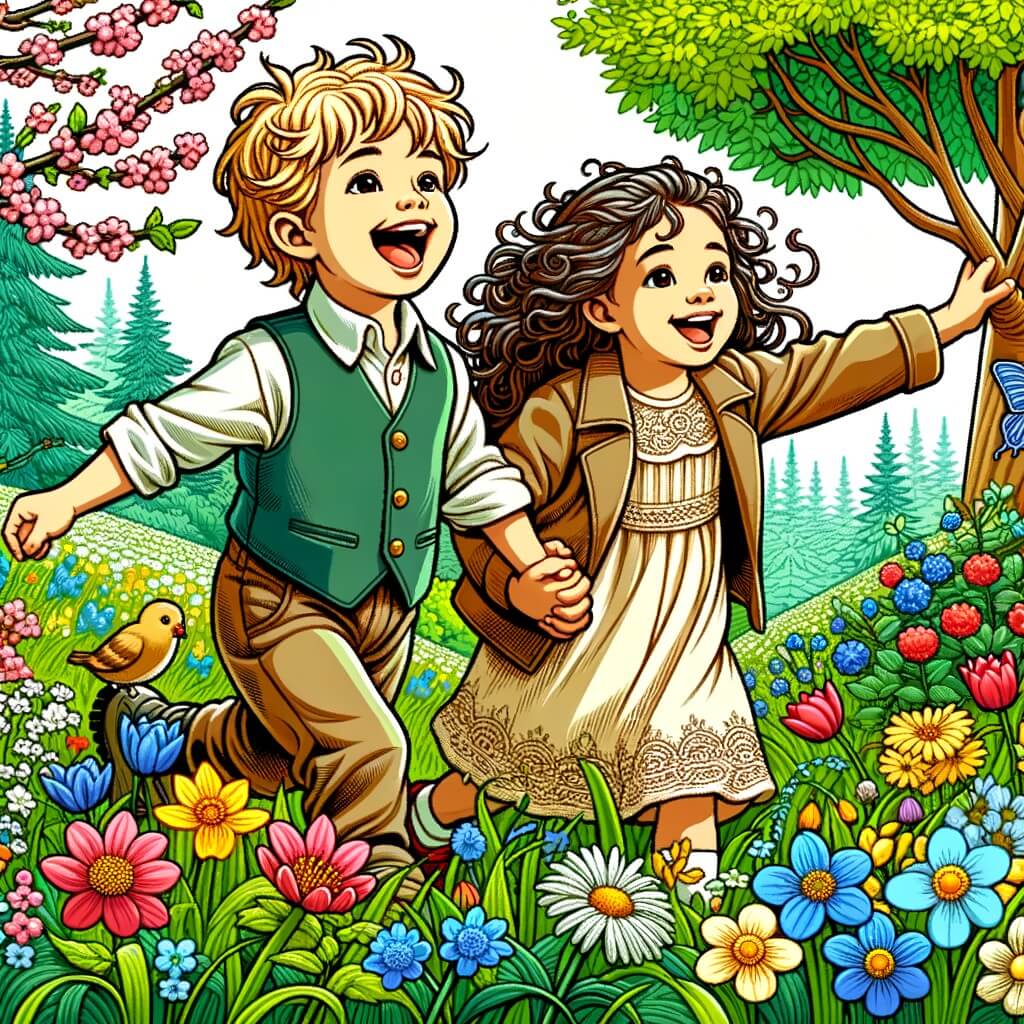 Une illustration destinée aux enfants représentant un petit garçon joyeux qui découvre les merveilles du printemps, accompagné d'une petite fille aux cheveux bouclés, dans un parc verdoyant rempli de fleurs colorées et d'arbres en bourgeons.