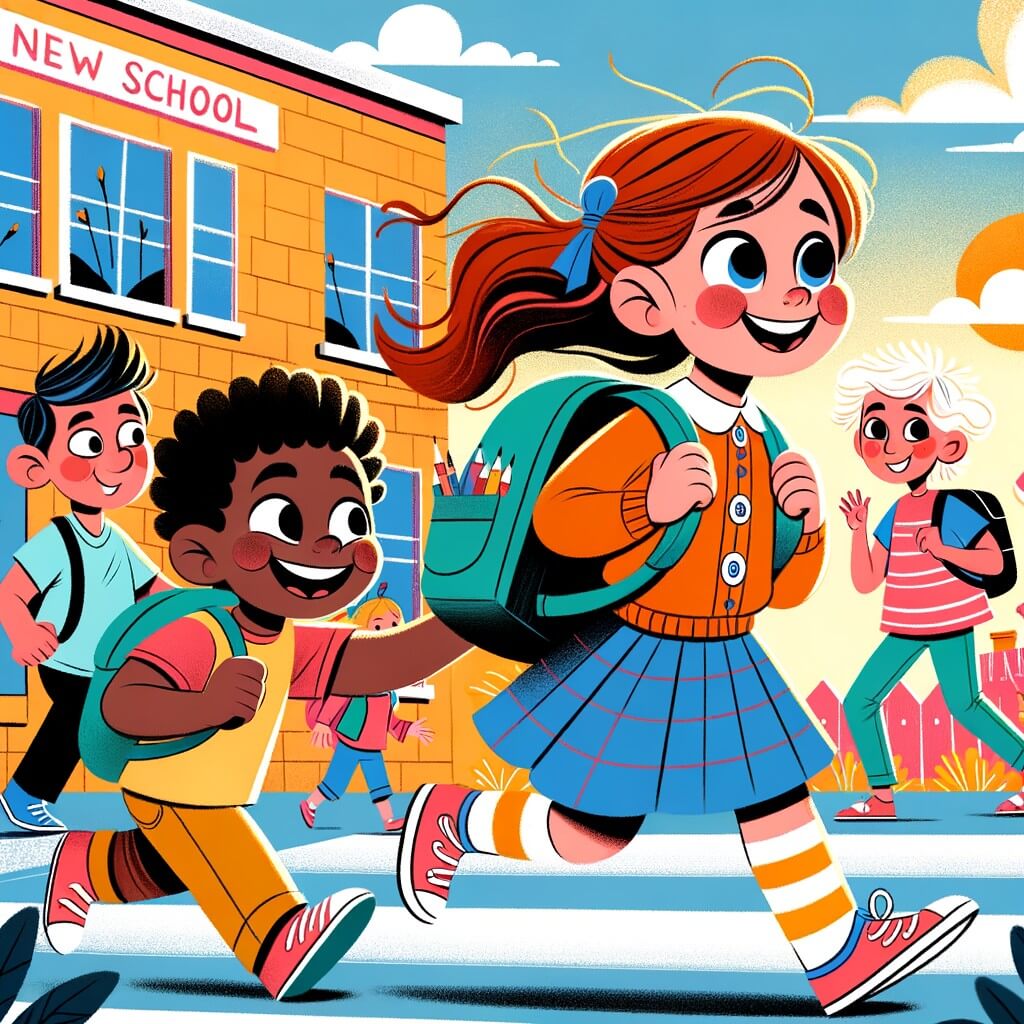 Une illustration destinée aux enfants représentant une petite fille curieuse et pleine d'énergie, confrontée au racisme dans sa nouvelle école, accompagnée de son ami Tony, dans une cour d'école colorée et animée.