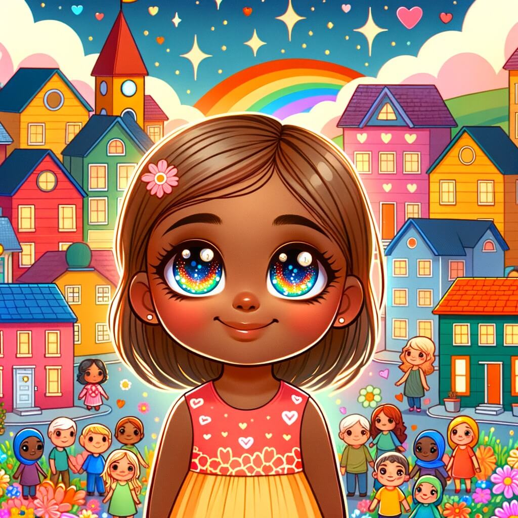Une illustration pour enfants représentant une petite fille aux yeux pétillants, confrontée aux préjugés et au racisme dans une petite ville pleine de couleurs et de diversité.