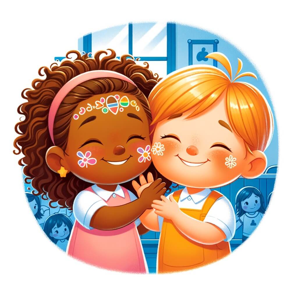 Une illustration destinée aux enfants représentant une petite fille aux cheveux bouclés et à la peau caramel, confrontée à des moqueries en raison de sa différence, avec l'amitié d'une camarade bienveillante pour soutenir et égayer son quotidien, dans une école colorée et animée de rires et de jeux.