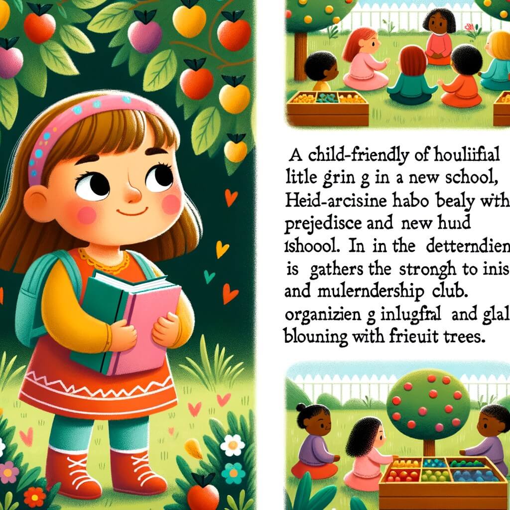 Une illustration destinée aux enfants représentant une petite fille curieuse et pleine d'espoir, confrontée aux préjugés et au racisme dans une nouvelle école, où elle trouve le courage de créer un club des amis multiculturel et inclusif, organisant des activités joyeuses et colorées dans son jardin fleuri aux arbres fruitiers.