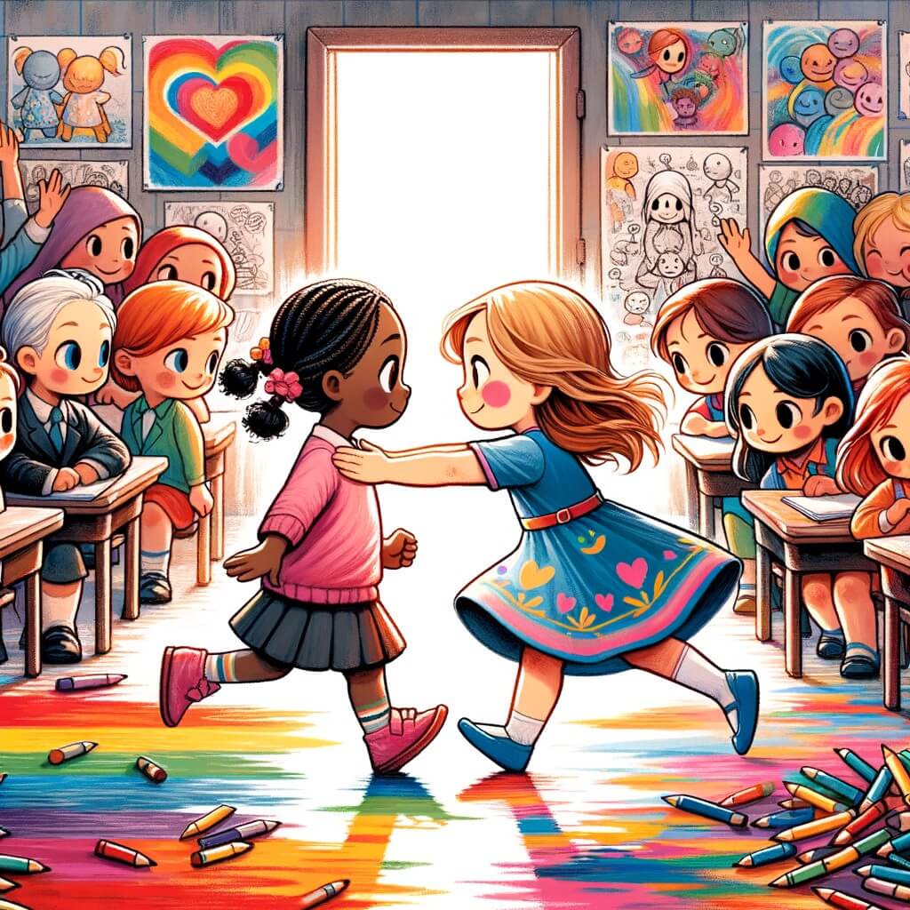 Une illustration destinée aux enfants représentant une petite fille curieuse et pleine d'espoir, confrontée à des préjugés et à la discrimination, qui trouve l'amitié et la tolérance grâce à une rencontre avec une autre petite fille, dans une école colorée et remplie de dessins et de peintures.