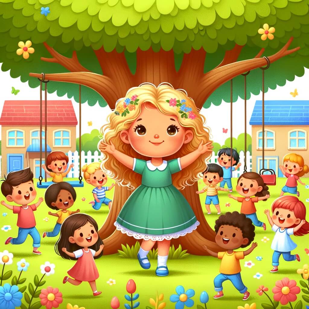 Une illustration destinée aux enfants représentant une petite fille aux boucles d'or, entourée de camarades de classe souriants, jouant joyeusement dans une cour d'école colorée avec des balançoires, des toboggans et un grand arbre verdoyant.