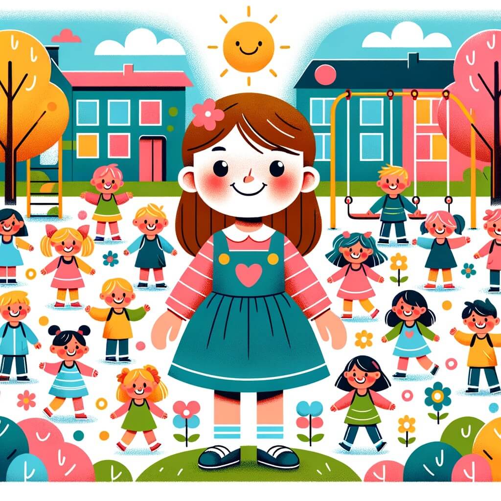 Une illustration destinée aux enfants représentant une petite fille souriante, entourée de ses camarades de classe, dans une cour d'école colorée et animée par des jeux, des balançoires et des arbres en fleurs.