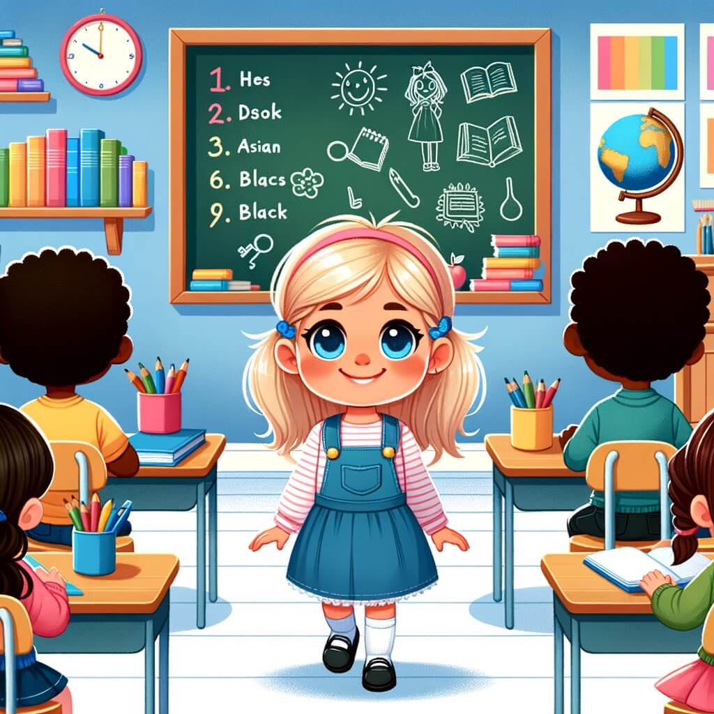 Une illustration destinée aux enfants représentant une petite fille enthousiaste, accompagnée de ses amis, découvrant les règles de l'école dans une salle de classe colorée, remplie de livres, de pupitres et d'un tableau noir.