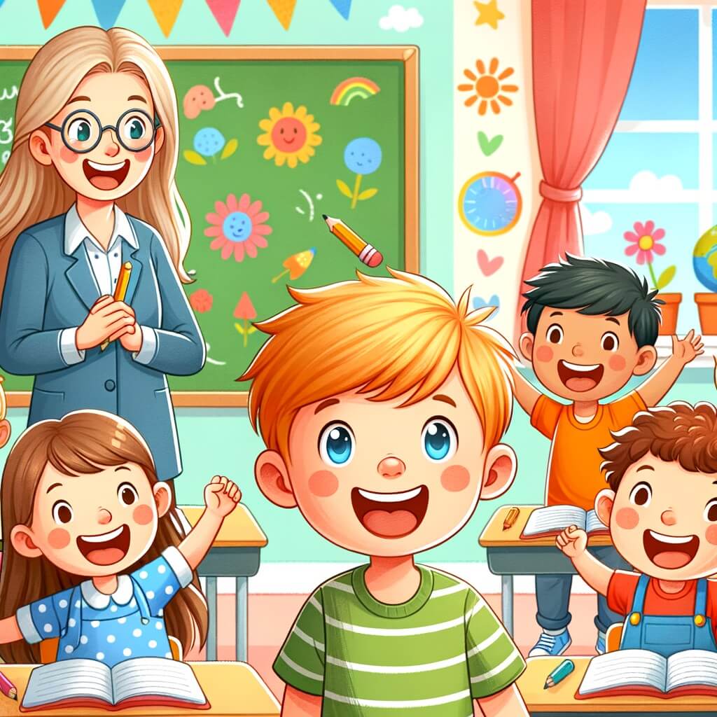 Une illustration destinée aux enfants représentant un petit garçon plein d'enthousiasme, dans une salle de classe colorée et animée, entouré de ses camarades et d'une maîtresse souriante, vivant de belles aventures scolaires.