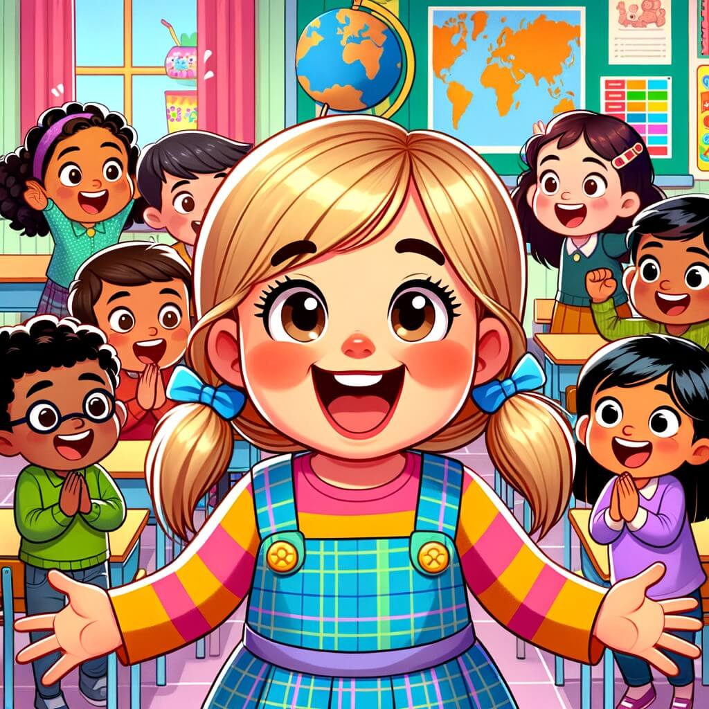 Une illustration destinée aux enfants représentant une petite fille joyeuse dans une salle de classe colorée, accompagnée de ses amis, découvrant une surprise incroyable : une sortie au zoo.