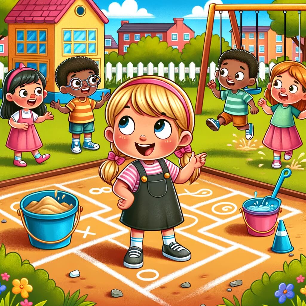 Une illustration pour enfants représentant une petite fille joyeuse, confrontée à une dispute dans la cour de récréation de son école.