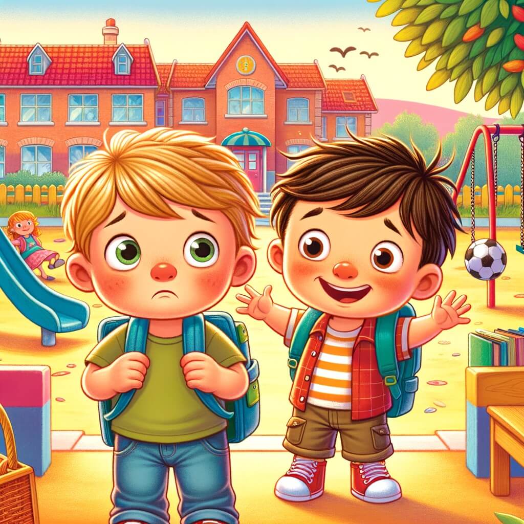 Une illustration destinée aux enfants représentant un petit garçon timide et curieux lors de sa première journée d'école, accompagné d'un joyeux camarade, dans une école élémentaire colorée avec une cour de récréation remplie de balançoires, d'un toboggan et d'un terrain de foot.