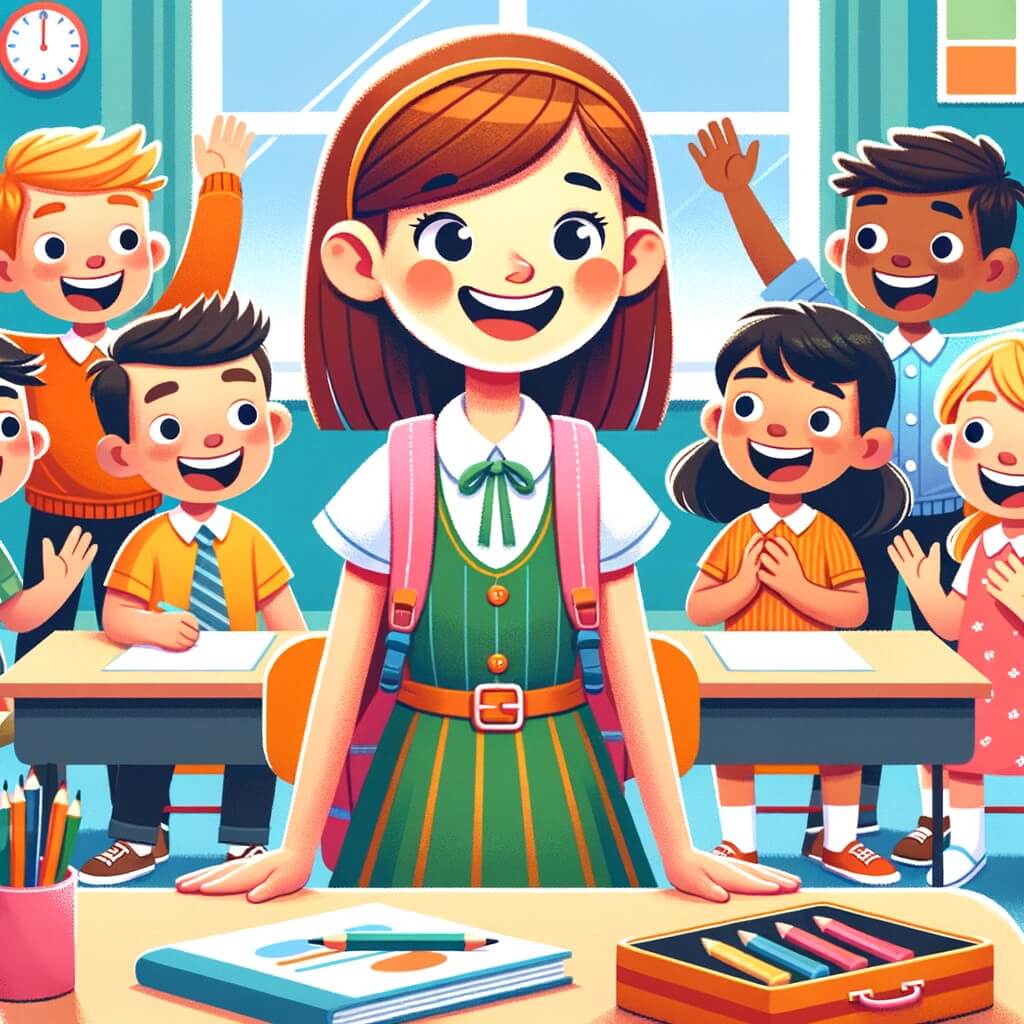Une illustration destinée aux enfants représentant une petite fille pleine d'enthousiasme, entourée de ses nouveaux amis, dans une salle de classe colorée et chaleureuse, lors de sa première journée d'école.