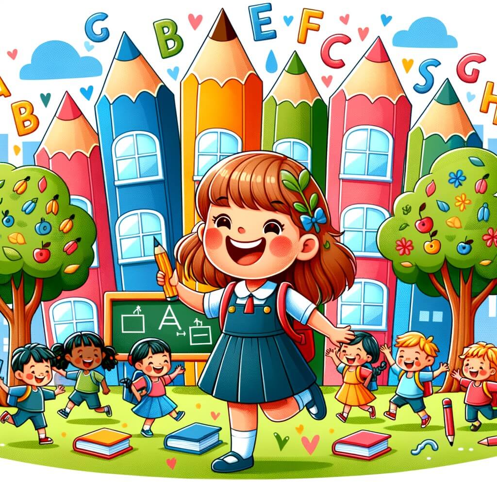 Une illustration destinée aux enfants représentant une petite fille pleine d'enthousiasme, entourée d'amis, dans une école colorée avec des bâtiments en forme de crayons, de livres et de tableaux noirs, des arbres aux feuilles en forme de lettres et un terrain de jeux animé où les enfants jouent joyeusement.