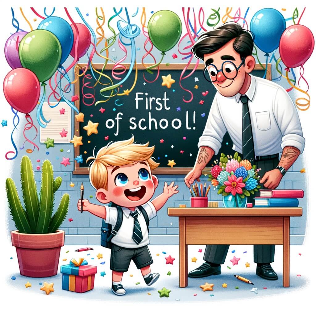 Une illustration pour enfants représentant un petit garçon plein d'enthousiasme découvrant une salle de classe magnifiquement décorée par son maître, dans une école pleine de surprises.