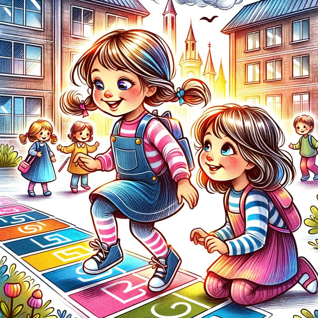 Une illustration destinée aux enfants représentant une petite fille pleine d'énergie et de curiosité, accompagnée de sa nouvelle amie timide, dans une cour d'école colorée et animée, où elles s'amusent à jouer à la marelle et à se faire de nouveaux amis.