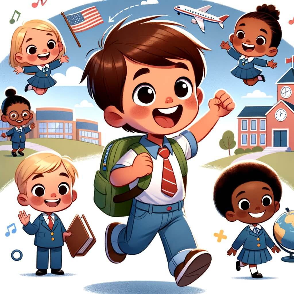Une illustration pour enfants représentant un petit garçon curieux et plein d'énergie, vivant une aventure passionnante à l'école.